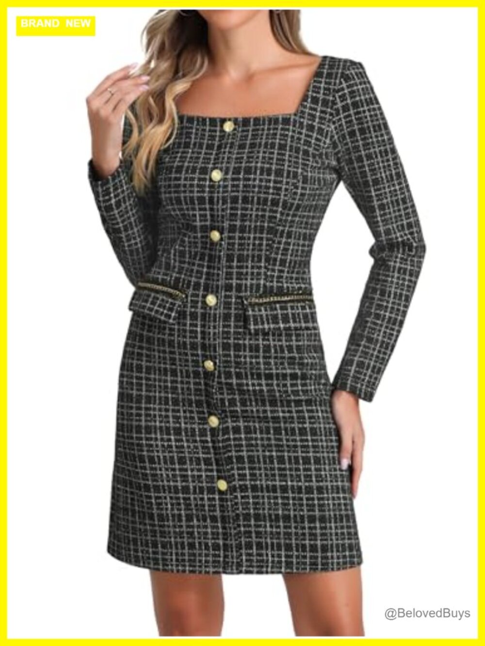 Tweed Square Neck Long Sleeve Bodycon Pencil Dress with Pockets